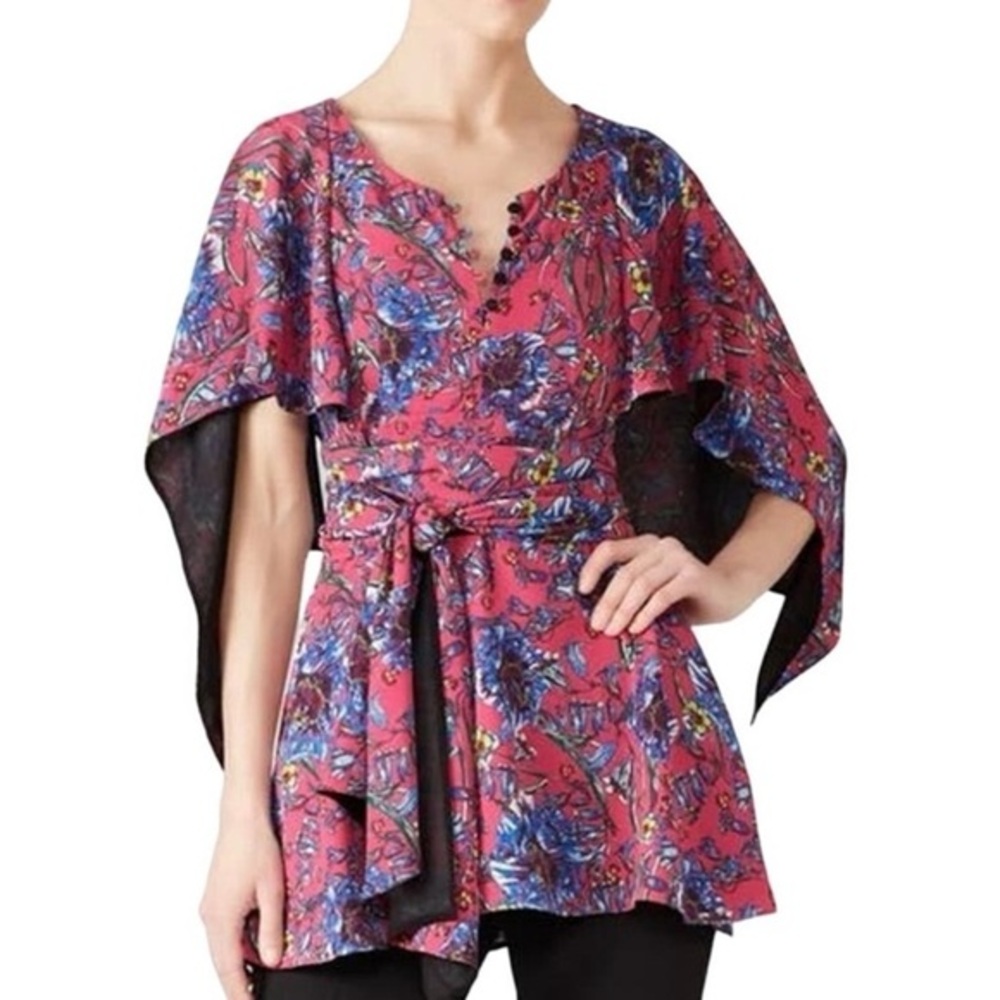 PRABAL GURUNG Collective Pink Floral Cape Waist-Tie Top - Sz 0